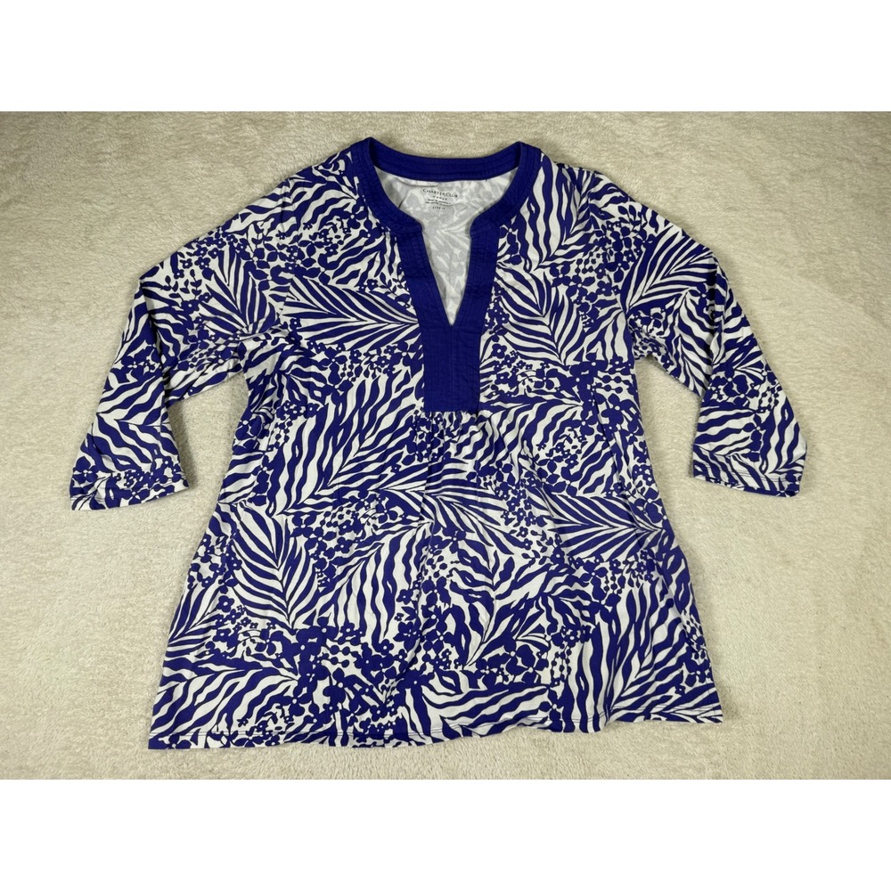 Charter Club Tunic Woman 1X Blue White Good Split Neck 3/4 Sleeve Floral Zebra
